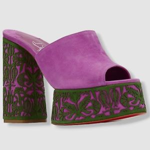 NEW Christian Louboutin Yazemule Suede Platform Block Heel Mules Purple